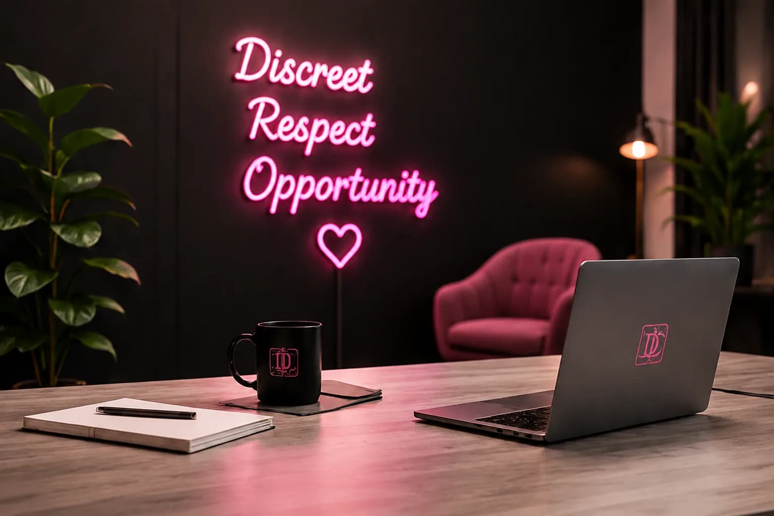Neon sign reading Discreet, Respect, Opportunity above a laptop and branded mug